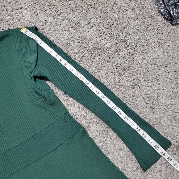 Maeve Strong Shoulder Ribbed Green Mock Neck Lined Preppy Sweater Mini Dress - M - Picture 9 of 10